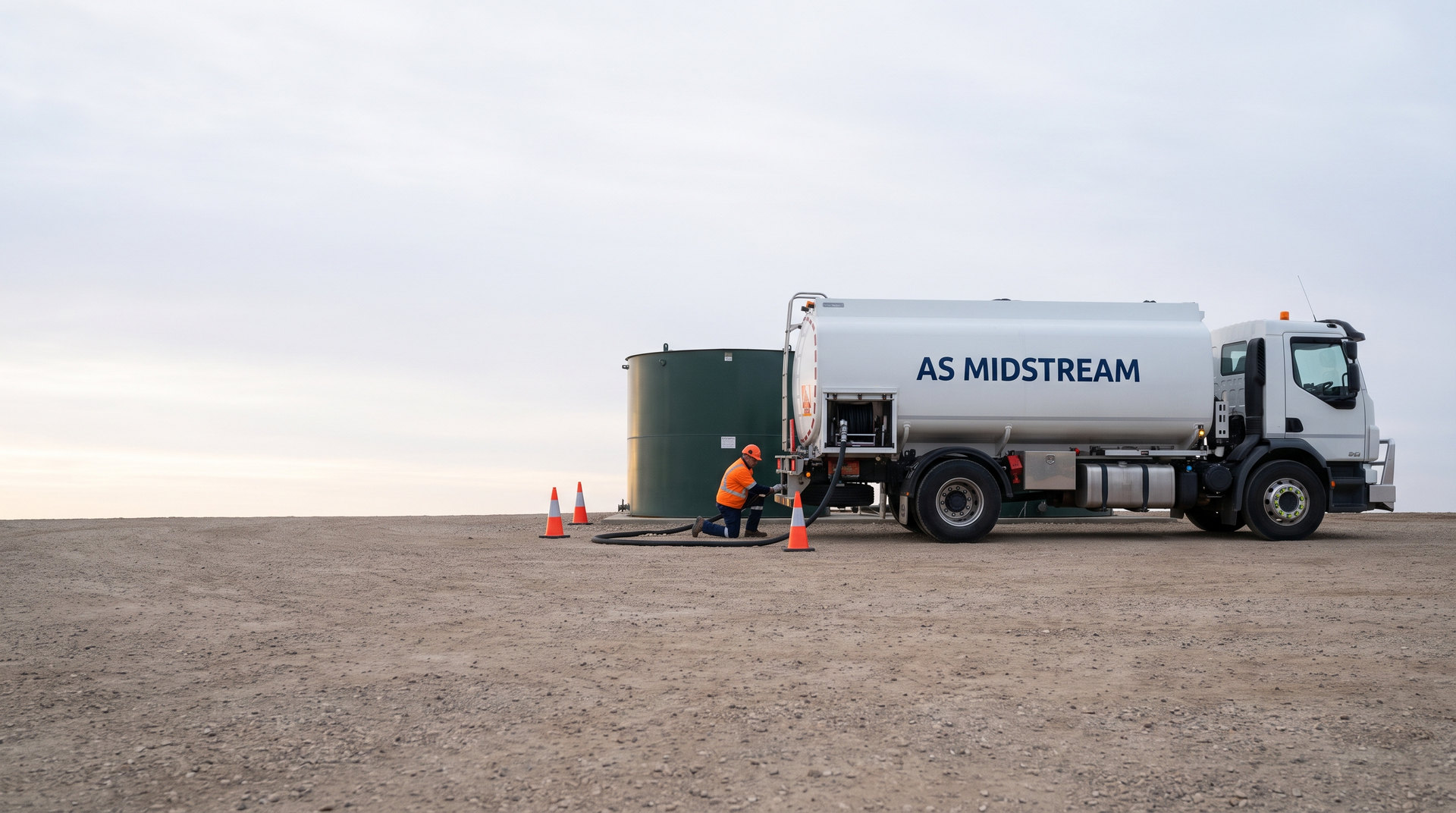 Camião-tanque AS Midstream a descarregar gasóleo no depósito de um cliente
